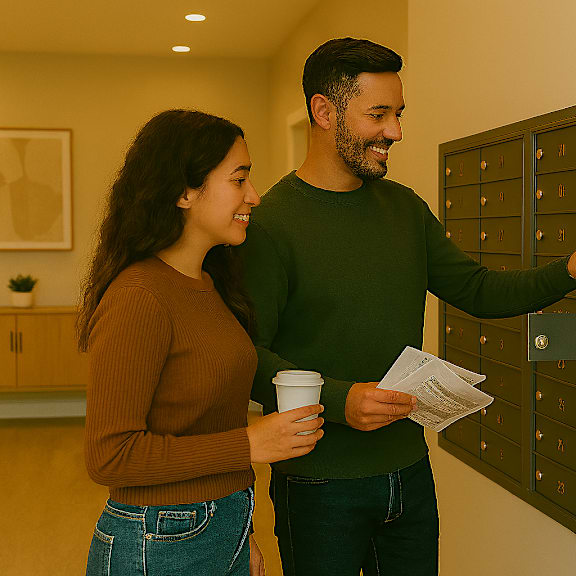 a man and woman are standing in front of a mailbox, looking at a piece of paper.