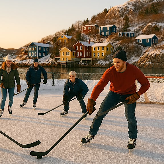 a group of people playing ice hockey on a frozen lake.