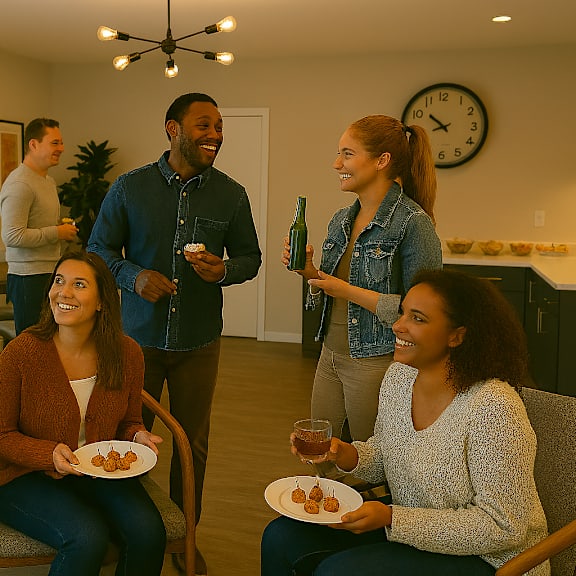 a group of people are gathered in a living room for a casual get-together.