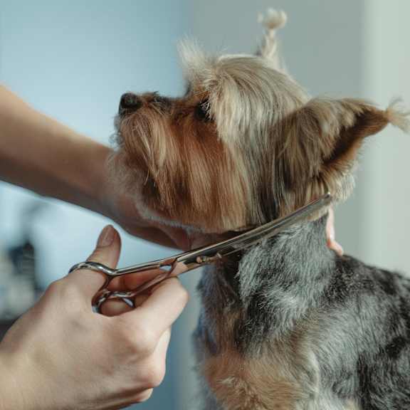 a dog being groomed by a person using scissors.
