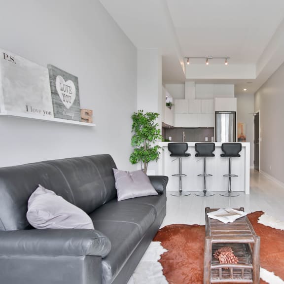 open space, with a grey couch with a view of the dining area and kitchen.