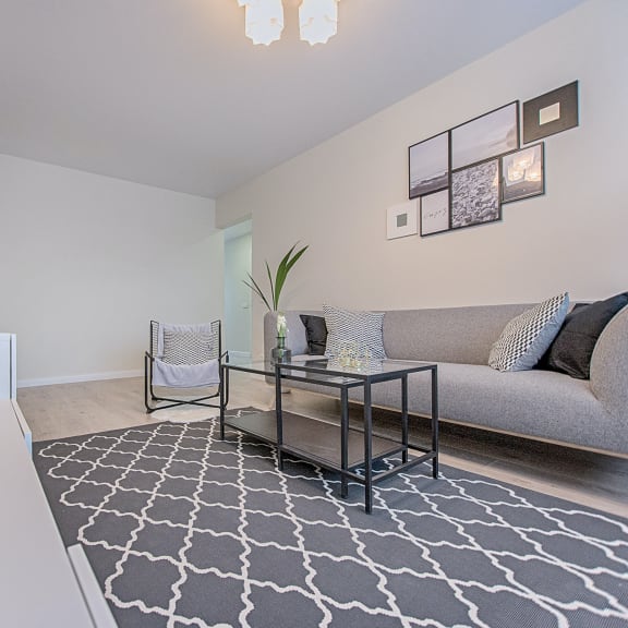 a living room with a grey couch, a coffee table, and a plant.