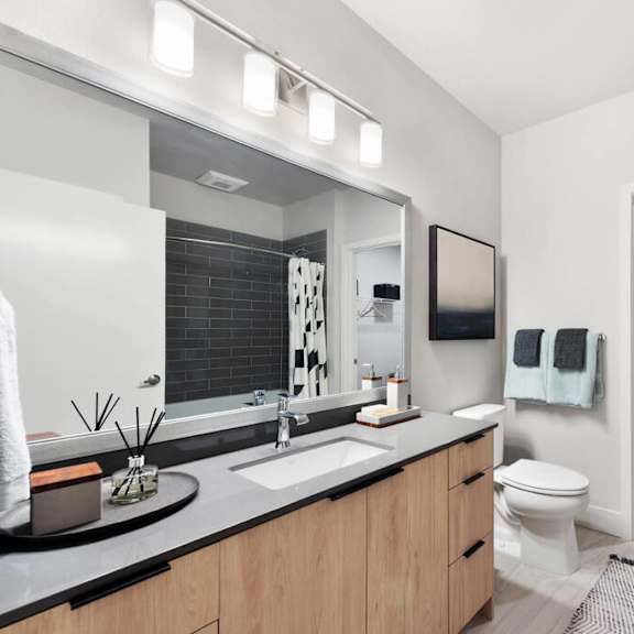 a bathroom with a sink and a toilet next to a shower