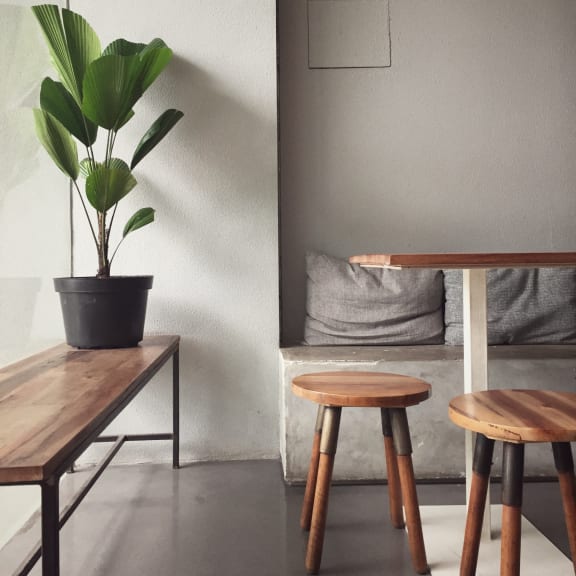 a potted plant sits on a table next to a couch with a grey pillow.