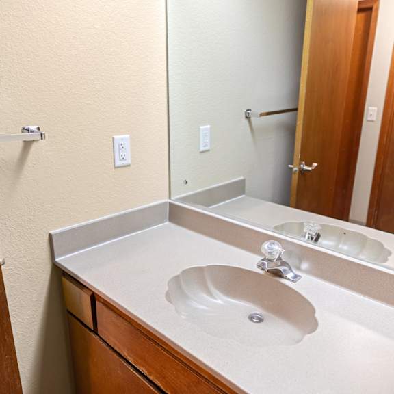 a bathroom with a sink and mirror.