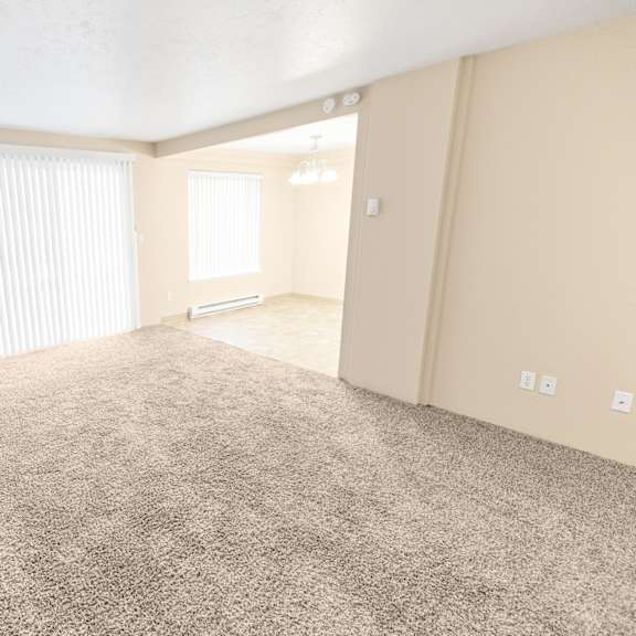a spacious room with beige walls and carpeted floor.