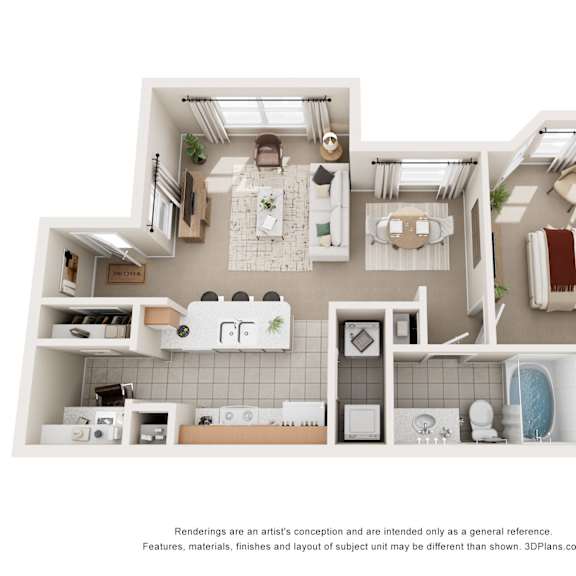 Thumbnail 1 of 2 A 3D floor plan of a 1 bedroom apartment with a kitchen, living room, and bathroom