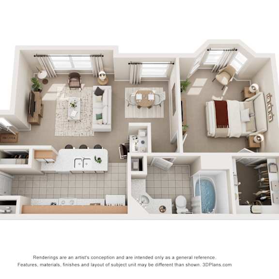 Thumbnail 1 of 2 A 3D floor plan of a 1 bedroom apartment with a kitchen, living room, dining room, and bathroom.