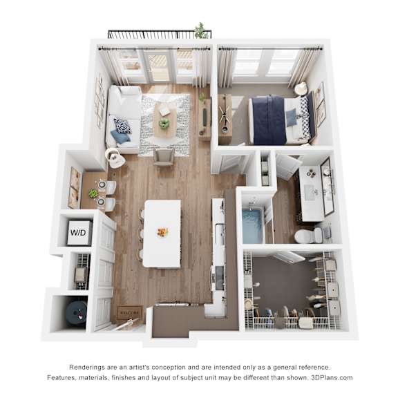 Thumbnail 1 of 2 A 3D floor plan of a one bedroom apartment with a kitchen, living room, and bathroom.