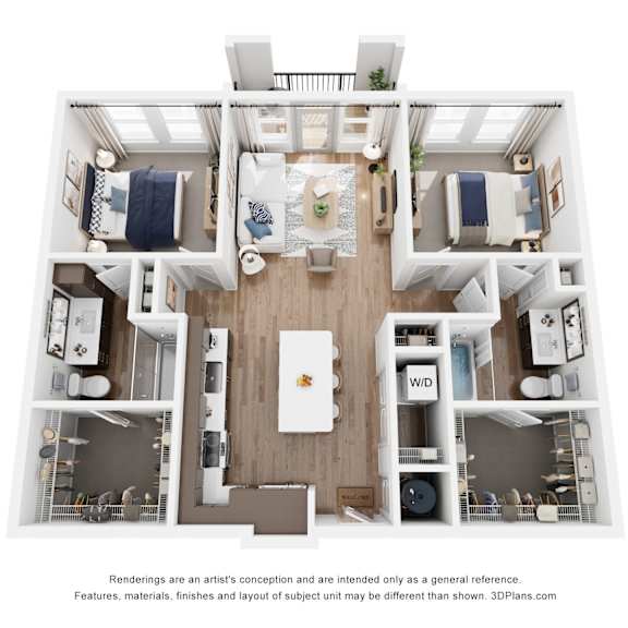 Thumbnail 1 of 2 A 3D floor plan with a kitchen, living room, and two bedrooms.