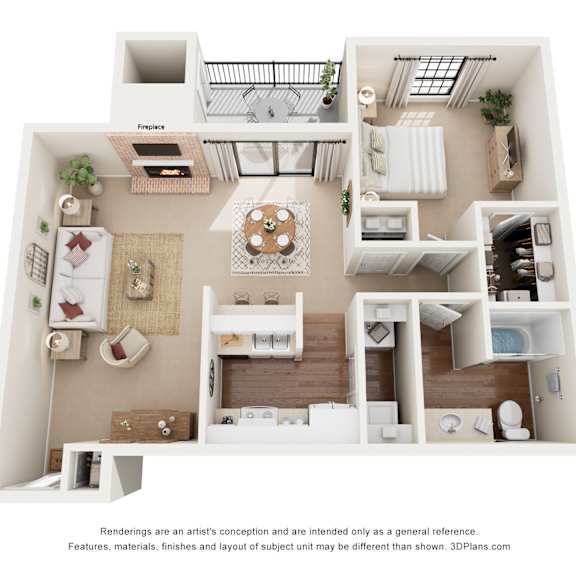 Thumbnail 1 of 2 A 3D floor plan of a small apartment with a kitchen, living room, and bathroom.