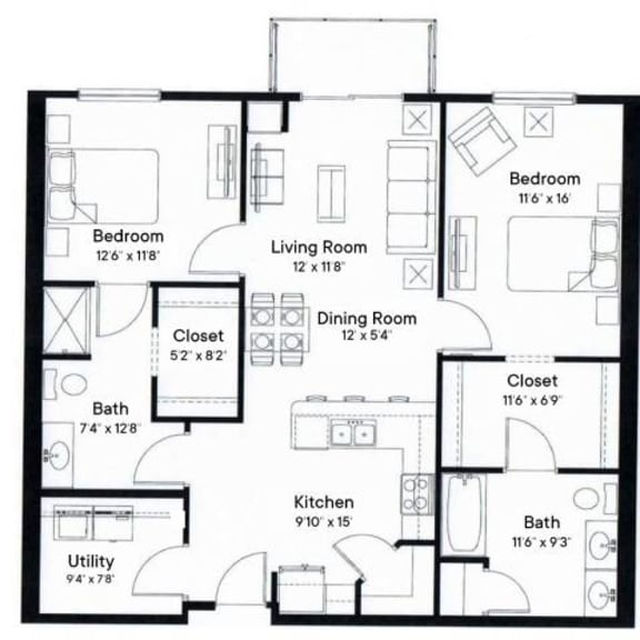 Thumbnail 2 of 2 a floor plan of a living room and a dining room at SoRoc On Maine, Rochester