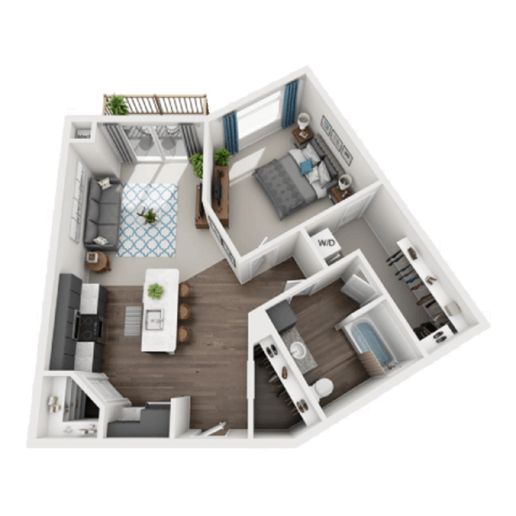 Thumbnail 1 of 2 a 3d floor plan of a bedroom with a bathroom and a living roomat SoRoc On Maine, Rochester, 55904