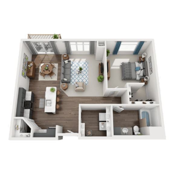 Thumbnail 1 of 2 a 3d view of a bedroom with a living roomat SoRoc On Maine, Rochester