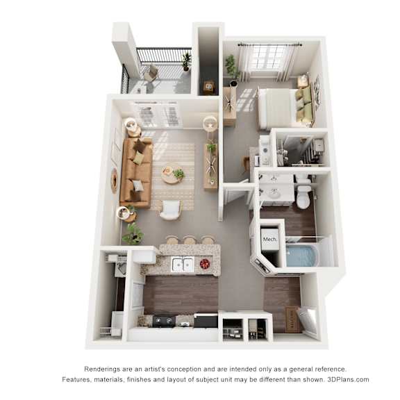 Thumbnail 1 of 2 A 3D floor plan of a 1-bedroom apartment with a kitchen, living room, and bathroom.