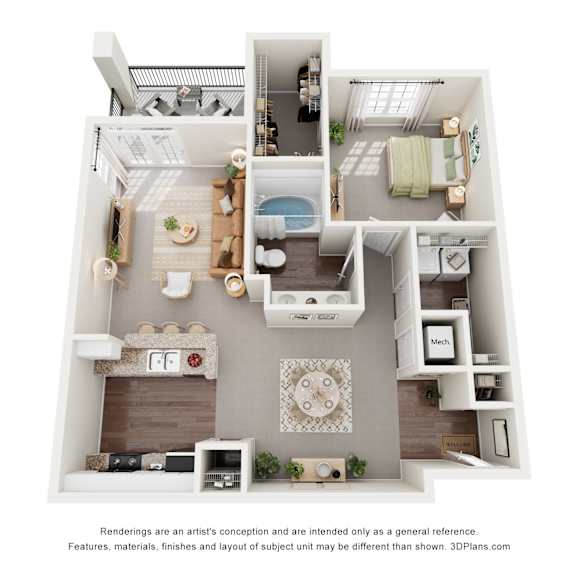 Thumbnail 1 of 2 A 3D floor plan of a 1-bedroom apartment with a kitchen, living room, and bathroom.