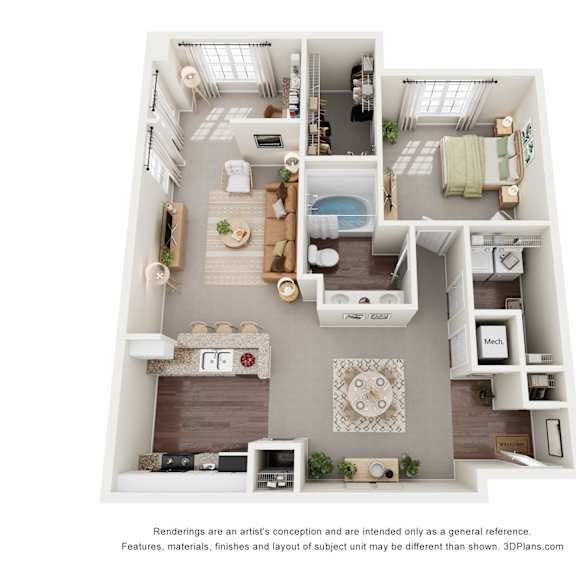 Thumbnail 1 of 2 A 3D floor plan of a 1-bedroom with a kitchen, living room, and bathroom.