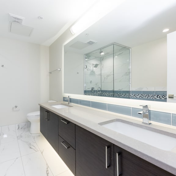 a modern bathroom with a walk-in shower and double sinks.