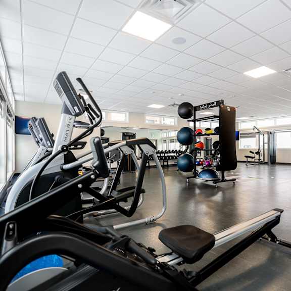 a gym with a row of treadmills and exercise equipment.