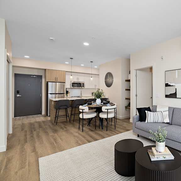 modern open concept apartment living space at mac and mullen apartments, edmonton