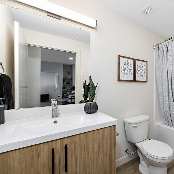 a bathroom with a large mirror and a sink and a toilet