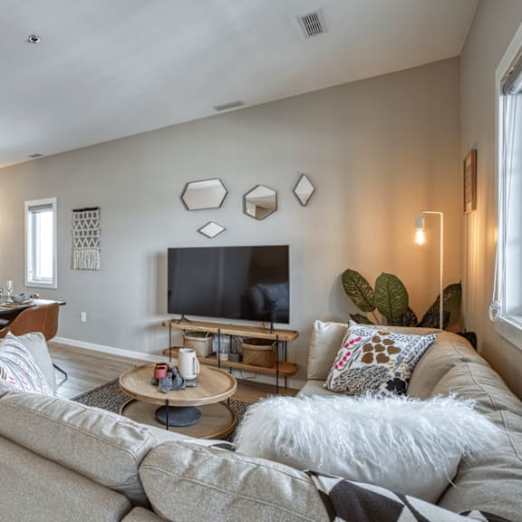 interior - wide shot of living room and dining area.