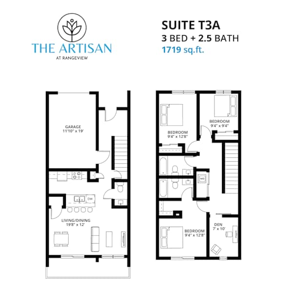 Thumbnail 1 of 2 A floor plan for a 3 bedroom, 2.5 bath suite at Rangeview.