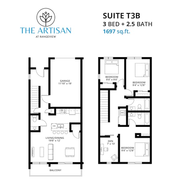 Thumbnail 2 of 2 A floor plan for a suite at The Artisan at Rangeview, showing a 3 bedroom, 2.5 bathroom layout.