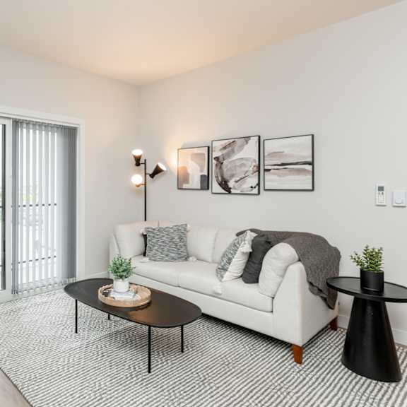 a living room with a white sofa, a coffee table, and a potted plant.