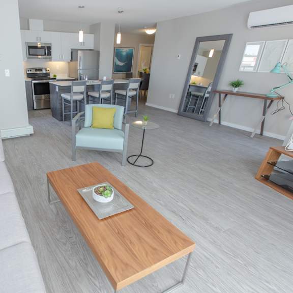 a modern living room with a white couch and a wooden coffee table.
