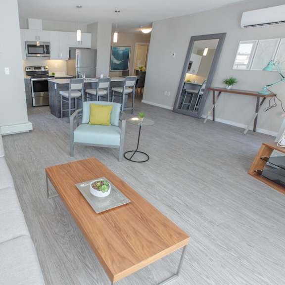 interior - wide shot of living room and kitchen area.