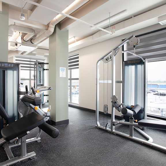 modern fitness center with strength training equipment at plaza apartments, calgary