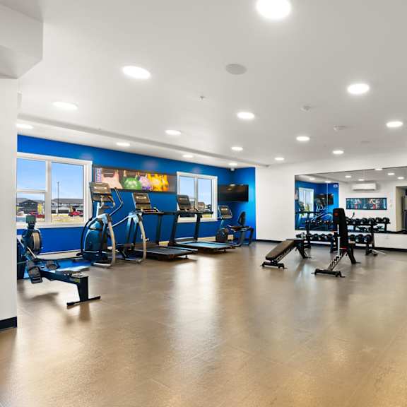 a gym with a variety of equipment including treadmills, weights, and exercise machines.