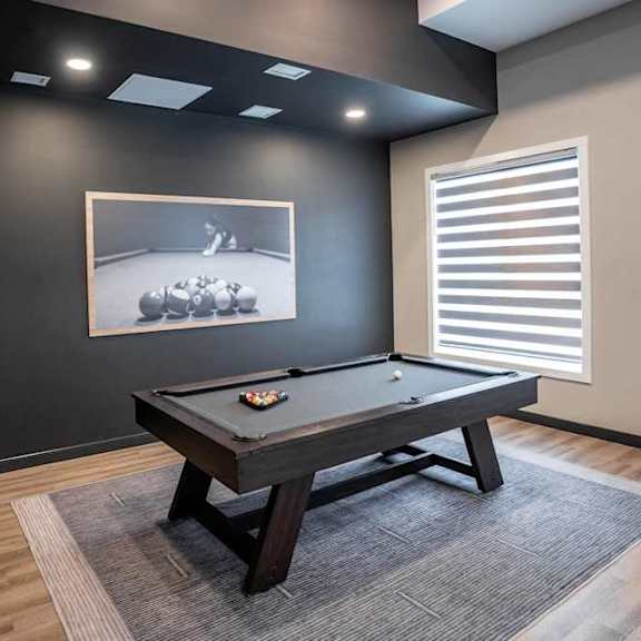recreation room with pool table and artwork at mac and mullen apartments, edmonton, ab t6r 0s7