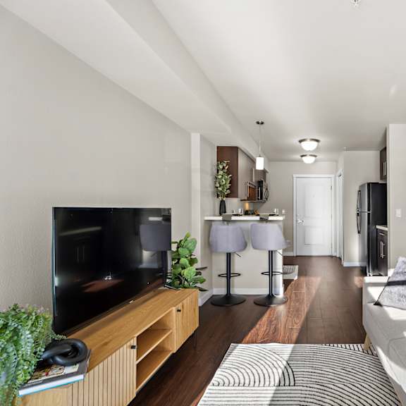 a modern living room with a grey couch and a television.