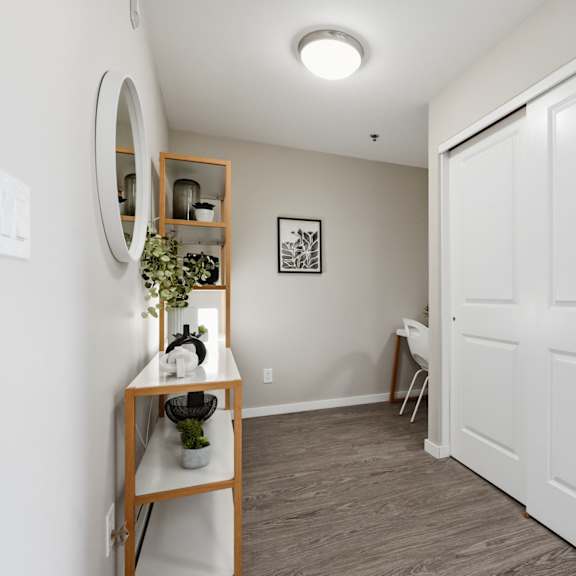 a white door is on the right side of the image.
