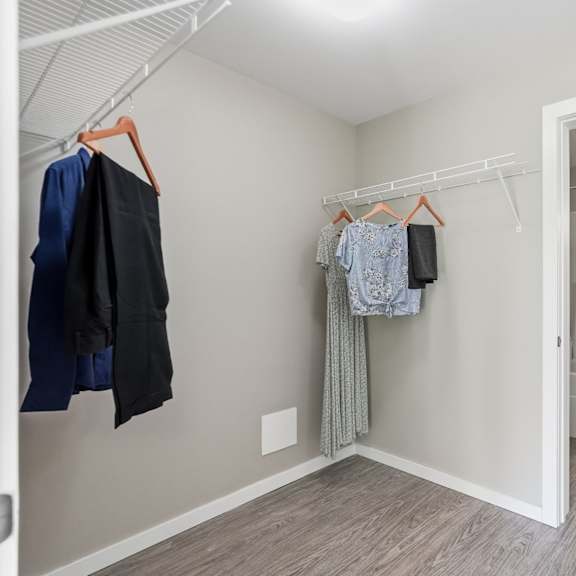 a walk-in closet with clothes hanging and a mirrored cabinet.