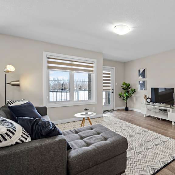 a living room with a grey couch and a television.
