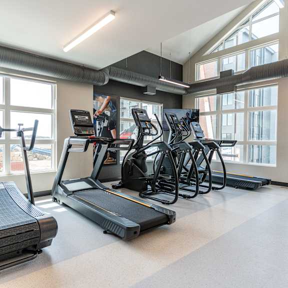 a gym with treadmills, elliptical machines, and exercise bikes.