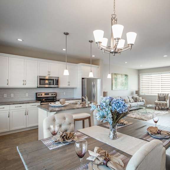 interior - wide shot of kitchen and dining area.