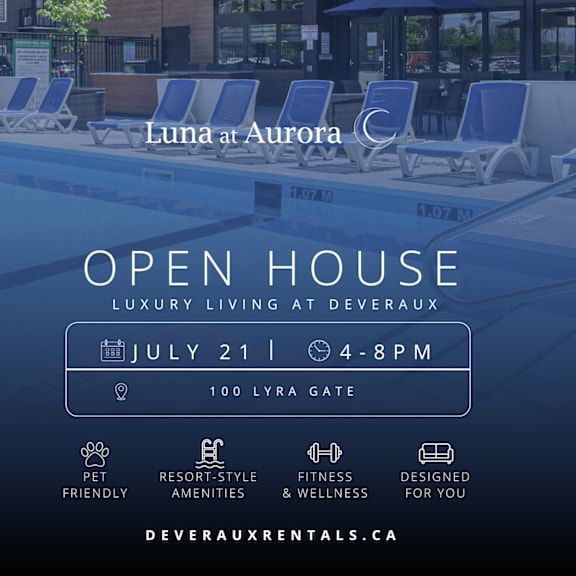 a poolside image advertising an open house at luna at aurora.
