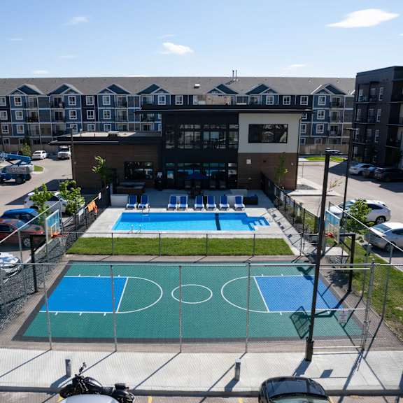 aerial view of luna's basketball court and swimming pool