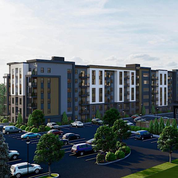 modern apartment building exterior with parking at mac and mullen apartments, alberta