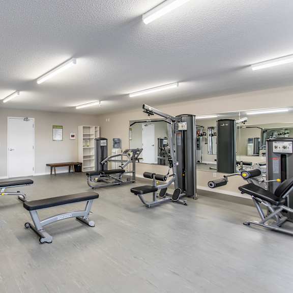 a spacious gym with a variety of equipment including a bench press, a squat rack, and a weight machine.
