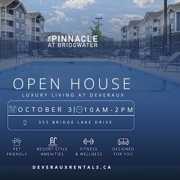 an advertisement for an open house at bridgwater, showcasing luxury living at deveraux with amenities like pet-friendly and fitness options.