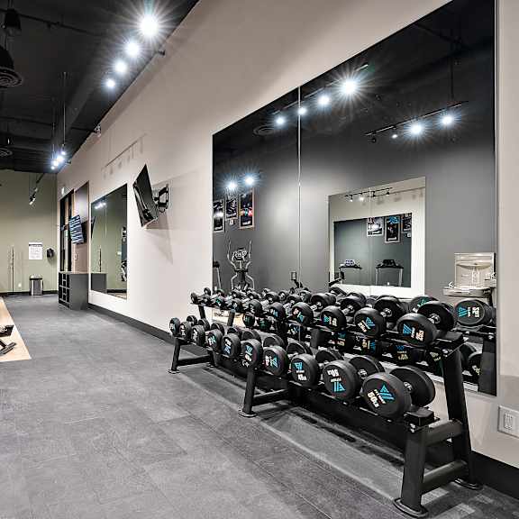 a gym with a row of dumbbells on the right and a row of treadmills on the left.at raymond block, edmonton, t6e 3r7