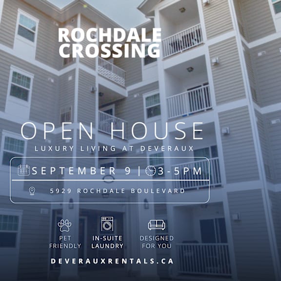 an advertisement for rochdale crossing apartments, highlighting an open house event on september 9th from 3-5pm.