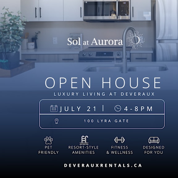 an advertisement for an open house event at sol at aurora, featuring a kitchen area.