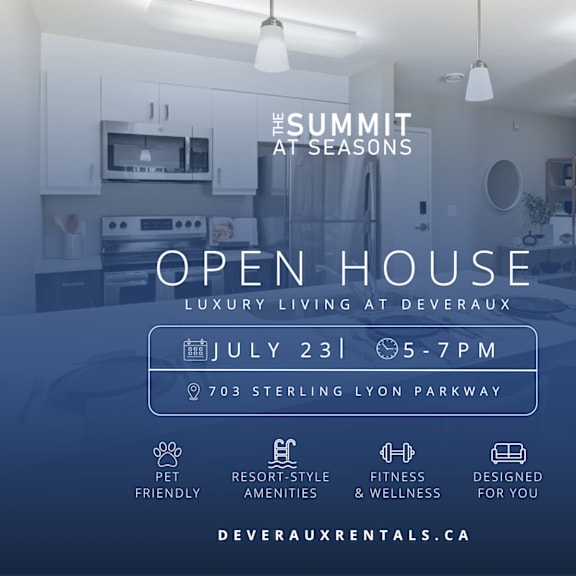 an advertisement for an open house event at deveraux, featuring a modern kitchen.