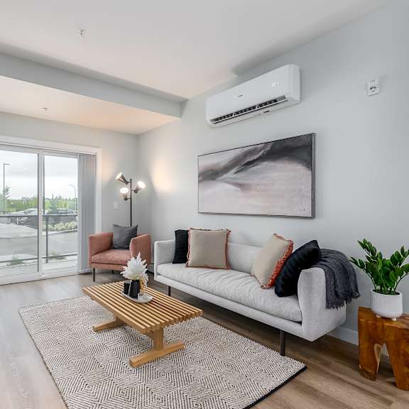 a living room with a couch, a coffee table, and a television.